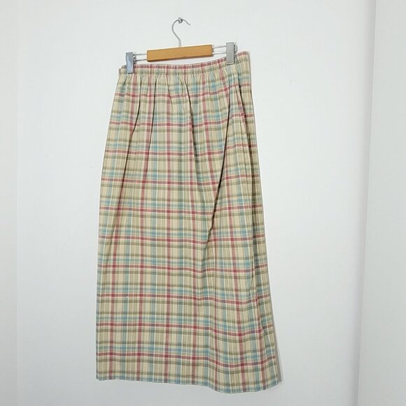 🥑2/100🥑Y2K Vintage Tan & Blue Plaid 90s Style Straight Wrap Skirt %100 Cotton - Picture 8 of 16